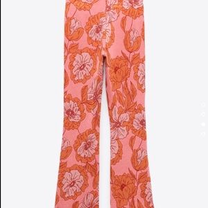 Zara High Waist Elastic Pink Orange Pattern Floral Pants Size L